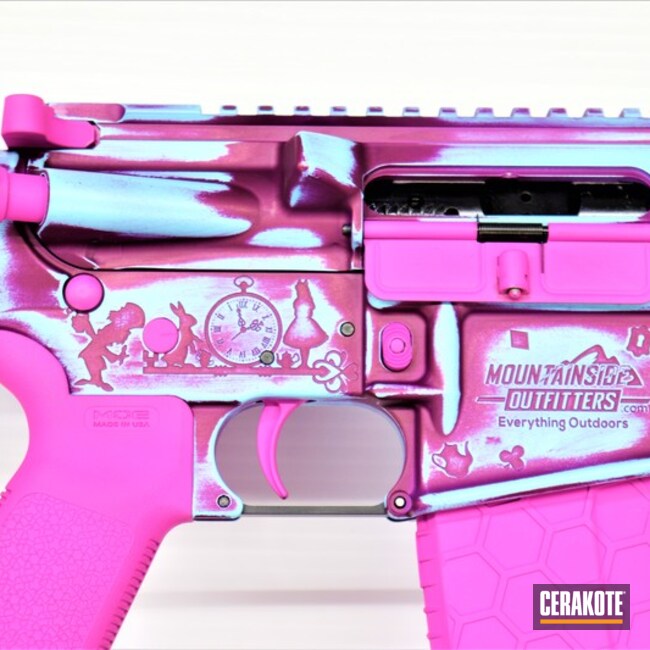 Cerakoted Blue Raspberry, Prison Pink And Graphite Black Alice In Wonderland Themed Ar