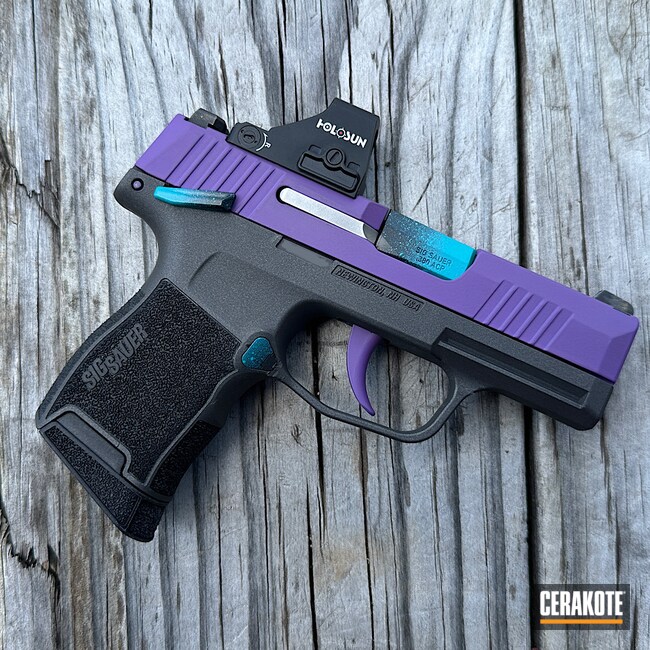 Cerakoted: S.H.O.T,Speckled,Sig Sauer P365,Frame,Gloss,EDC Pistol,.380,Pistol,Sig Sauer,.380 ACP,Pistol Slide,Slide,Cobalt H-112,Pistol Frame,Handgun,AR Pistol,AZTEC TEAL H-349,Gloss Black H-109,Bright Purple H-217,Splatter,Custom Handgun,Handguns