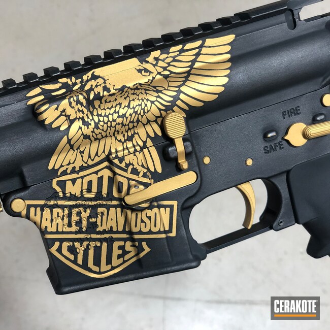 Cerakoted: S.H.O.T,Graphite Black H-146,Motorcycles,Two Tone,Gift,Harley Davidson,Eagle,two,M4 Carbine,Gift Ideas,Gold H-122,AR-15