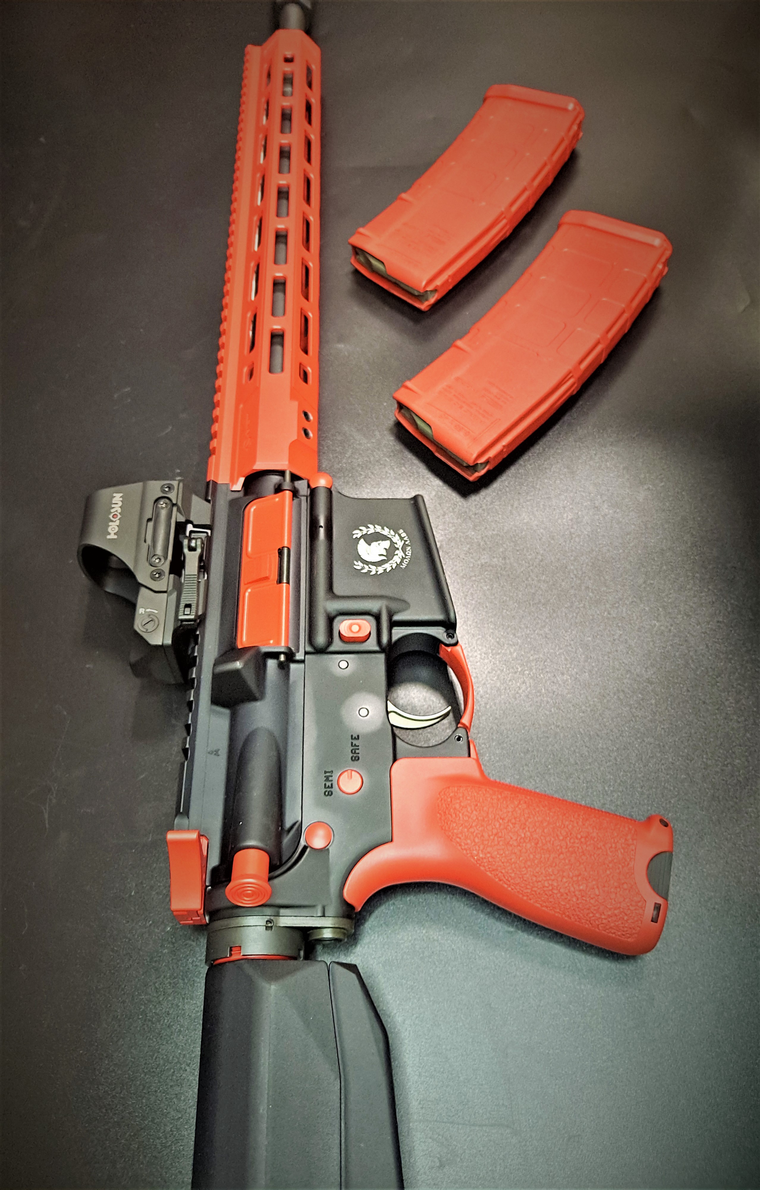 AR Rifle Accented with USMC Red. Custom Laser Engraving. | Cerakote