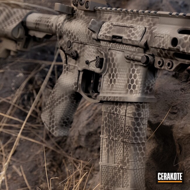 Cerakoted: S.H.O.T,Net Camo,MAGPUL® FDE C-267,AR Rifle,Chocolate Brown H-258
