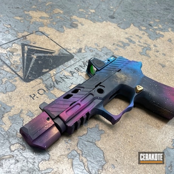 Cerakoted Periwinkle, Sangria, Sky Blue, Aztec Teal, Midnight Blue And Gold Sig Sauer