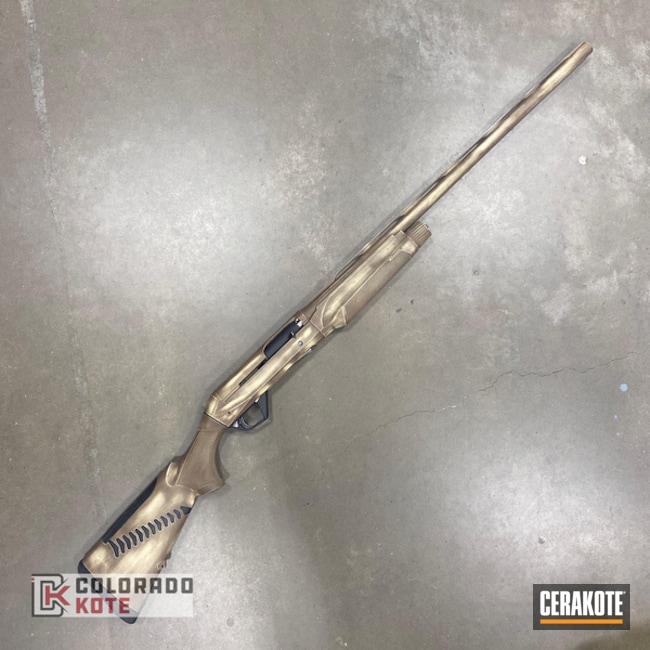Benelli Super Black Eagle In Two-tone Distressed Pattern Using H-143 Benelli Sand And H-258 Chocolate Brown.