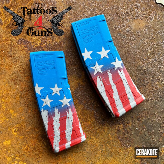 Cerakoted: S.H.O.T,Pmag,FIREHOUSE RED H-216,USFlag,Battleworn Flag,Stainless H-152,Distressed American Flag,Ridgeway Blue H-220,Crushed Silver H-255,American Flag