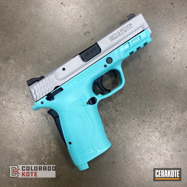Smith & Wesson M&p 380 Ez Tiffany Pattern In H-175 Robins Egg Blue And H-255 Crushed Silver
