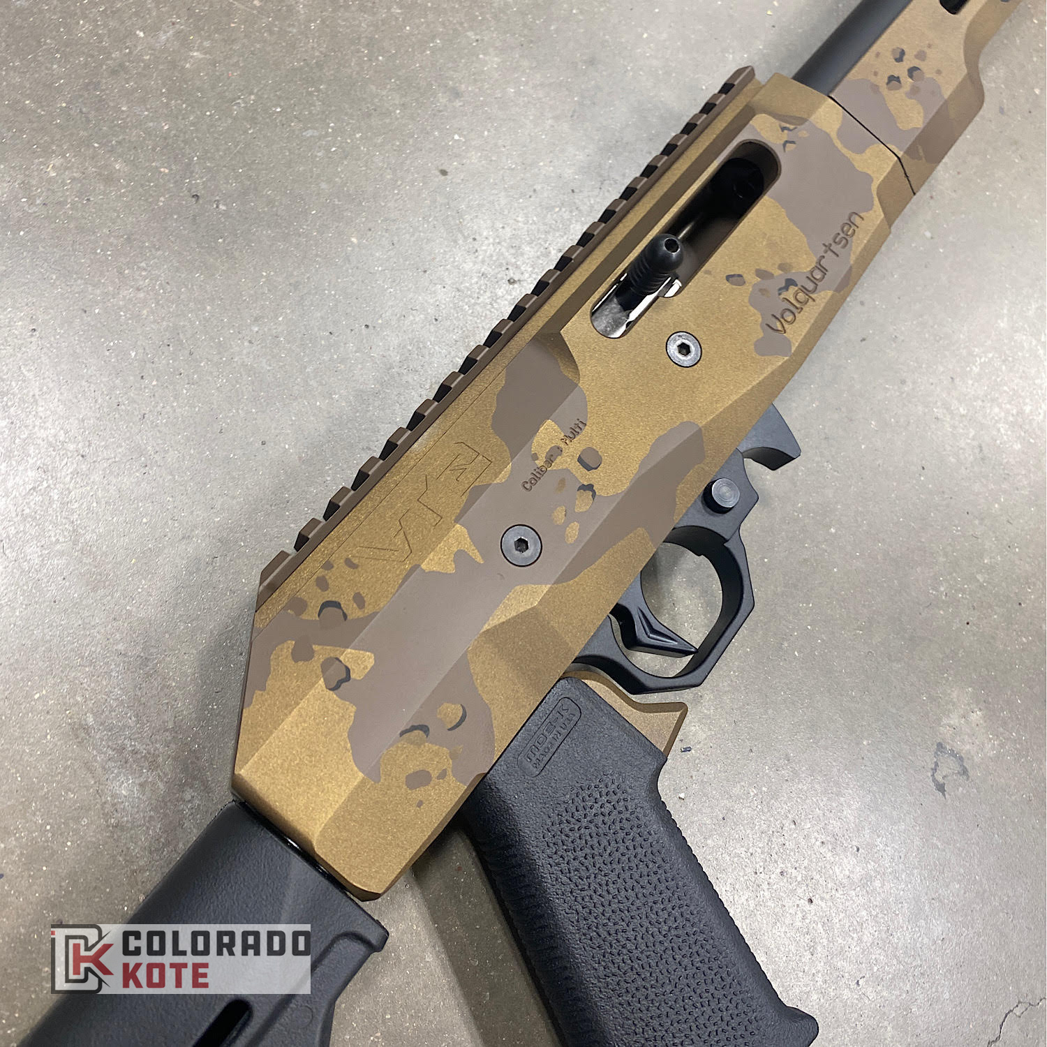 Chipped Coating Rifle Volquartsen in Modified Chocolate Chip Camo using H-148 Burnt Bronze, H ...