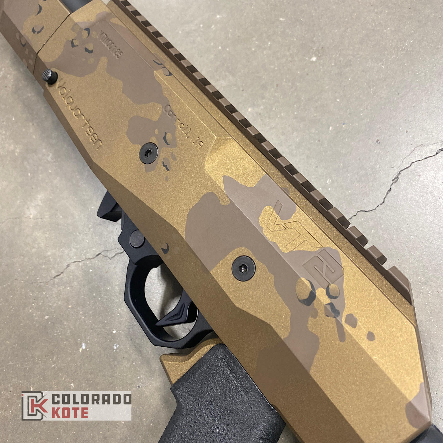 Chipped Coating Rifle Volquartsen in Modified Chocolate Chip Camo using H-148 Burnt Bronze, H ...