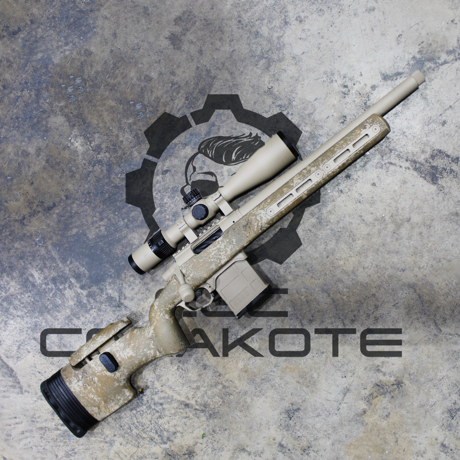Chipped Coating Rifle Tactical Rifle coated with Mcmillan® Tan and Chocolate Brown | Cerakote