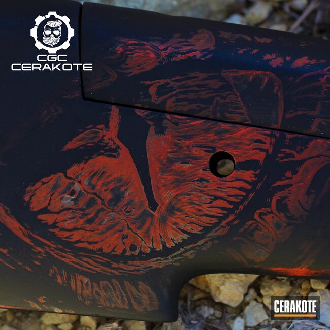Cerakoted: S.H.O.T,Rifle,Bolt Action Rifle,Dragon,Cerakote,Dragon Scale Camo,Certified Applicator,Tactical Rifle,O.D. Green H-236,Swords,Laser Engrave,Rifle Barrel,Sword,Rifle Stock,FIREHOUSE RED H-216,Hunting Rifle,Dragonskin,Graphite Black H-146,Custom Rifle Build,Sword and Shield,Muzzle Brake,Knight,Laser,Rifle Chassis