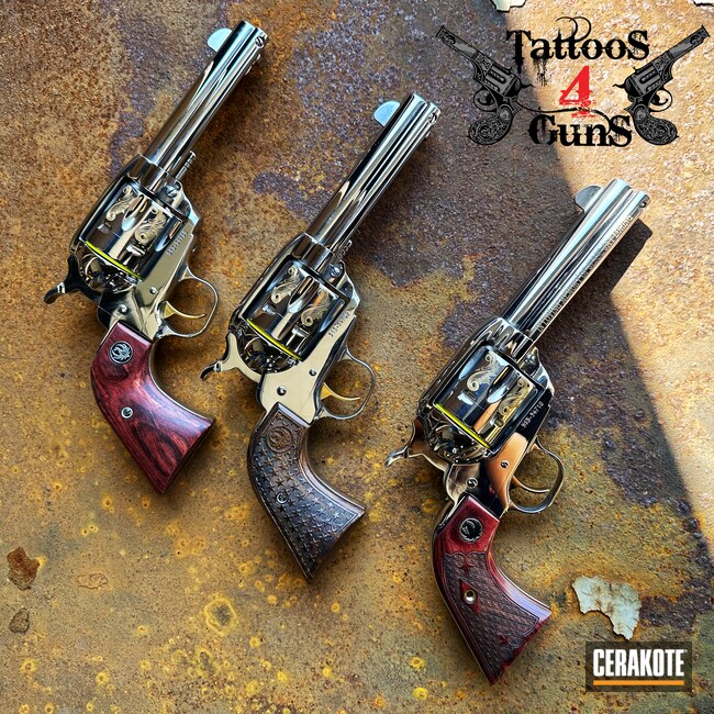 Cerakoted: S.H.O.T,Scroll Pattern,Color Fill,Engraving,Revolver,Ruger Revolver,Laser Engraved,Scroll,Gold H-122