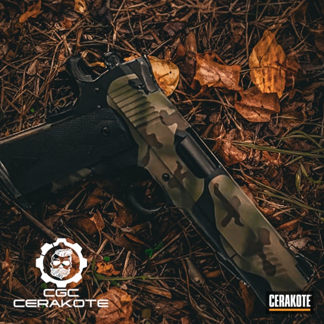 Colt 1911 In Woodland Camo Coated With Cerakote In Highland Green, Sig™ Dark Grey, Chocolate Brown And Graphite Black