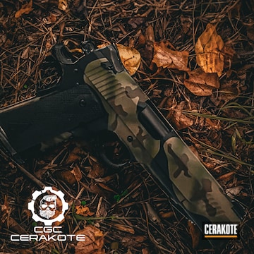 Colt 1911 In Woodland Camo Coated With Cerakote In Highland Green, Sig™ Dark Grey, Chocolate Brown And Graphite Black