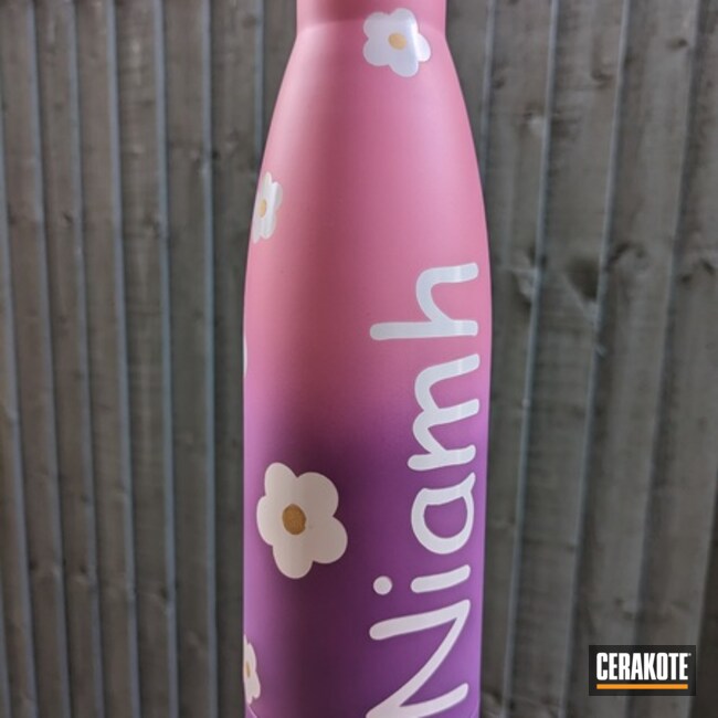Aluminum Water Bottle Coated With Cerakote In Bazooka Pink, Stormtrooper White, Gold And Bright Purple