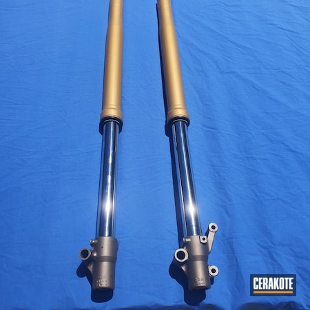 Powder Coating: Motorcycle Forks,Burnt Bronze H-148,Automotive,HIGH GLOSS ARMOR CLEAR H-300,Gold H-122