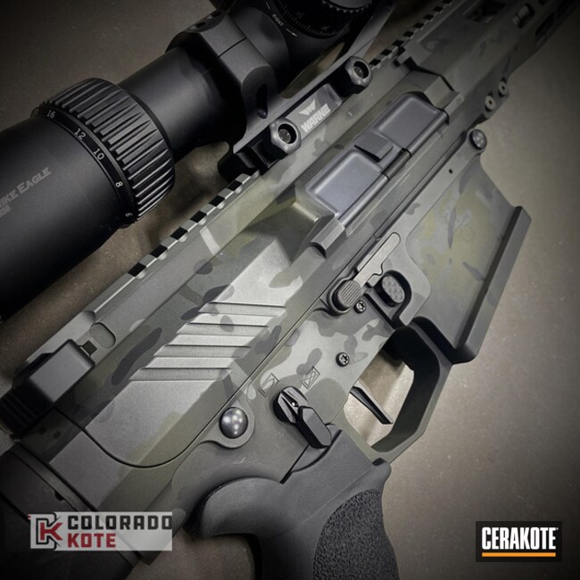 Ar-10 Rifle In Multicam Black Using H-146 Graphite Black, H-232 Magpul Od Green, And H-234 Sniper Grey