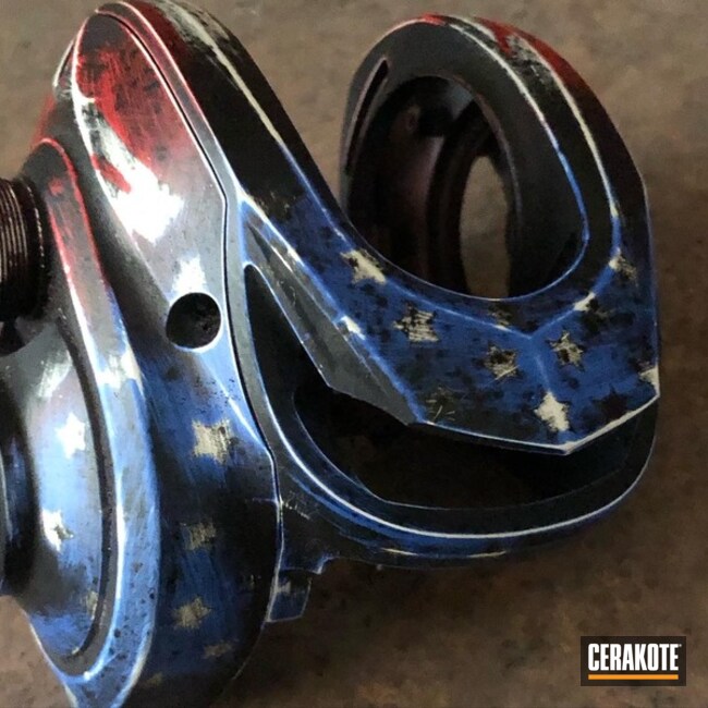 Distressed American Flag Theme Fishing Reel Coated With Cerakote In H-140, H-167, H-171 And H-146