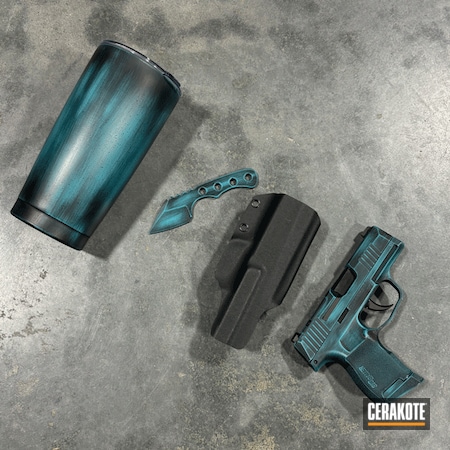 Powder Coating: Graphite Black H-146,Custom Tumbler Cup,Tumbler,Pistol,Knife,Sig P365,AZTEC TEAL H-349
