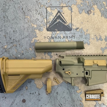 Ar Custom Build Coated With Cerakote In Coyote Tan, Ral 8000, Gold And Multicam® Dark Green