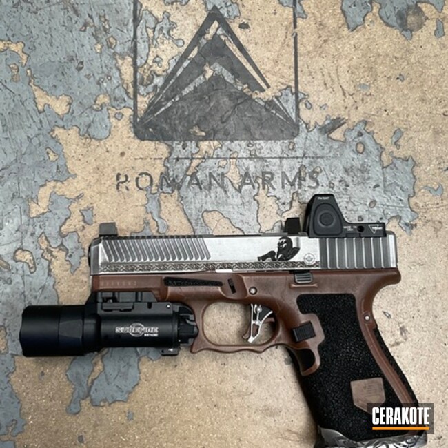 Custom Pistol Coated With Cerakote In Satin Aluminum, Armor Black, Multicam® Dark Brown And Federal Brown