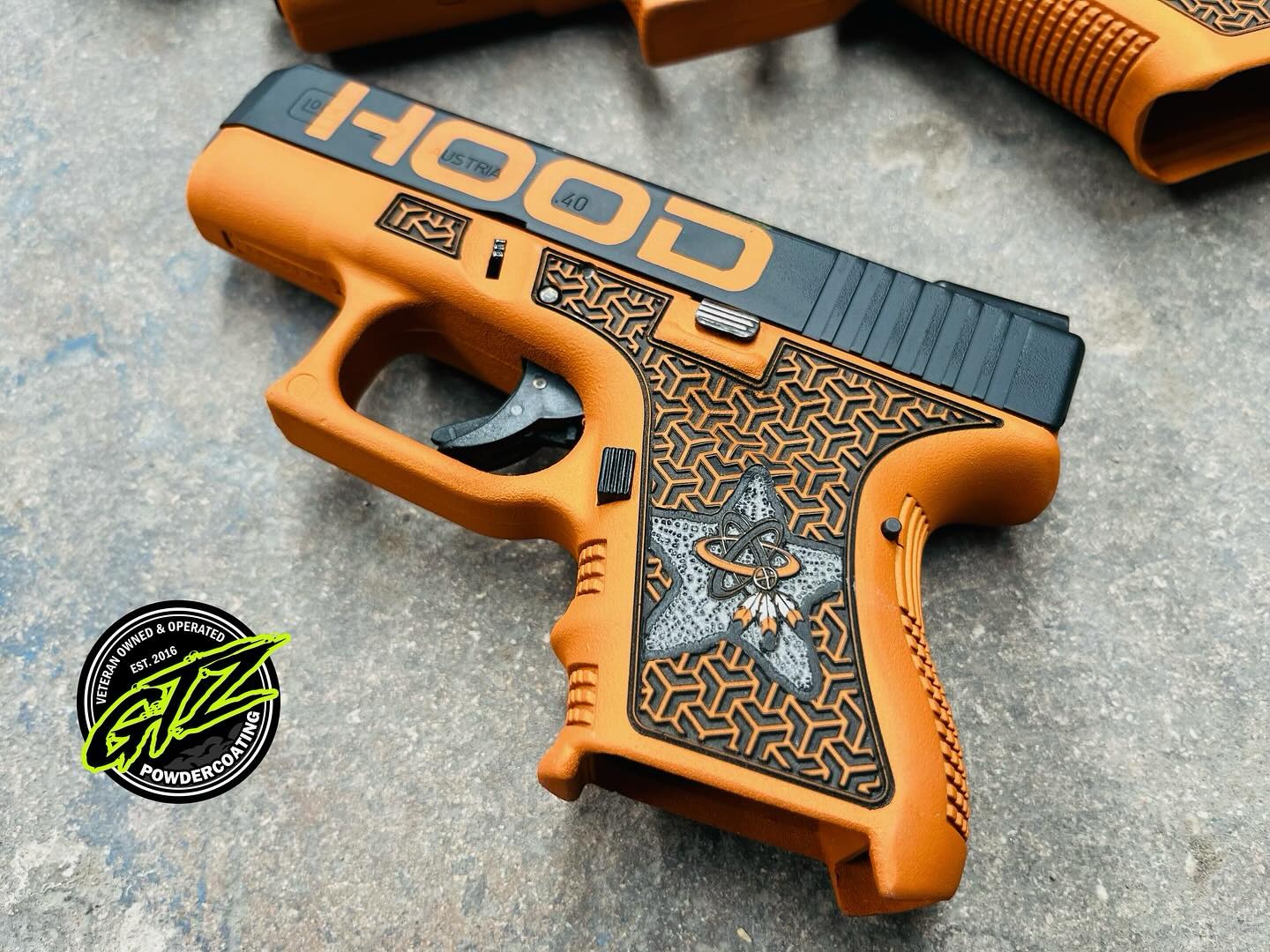 Laser Engraved finished with a Hunter Orange, Bright White, Sniper