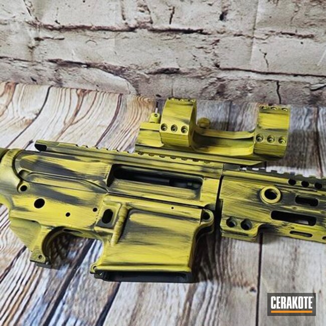 Yellow Distressed Ar15 Coated With Cerakote In H-166, H-146 And H-122