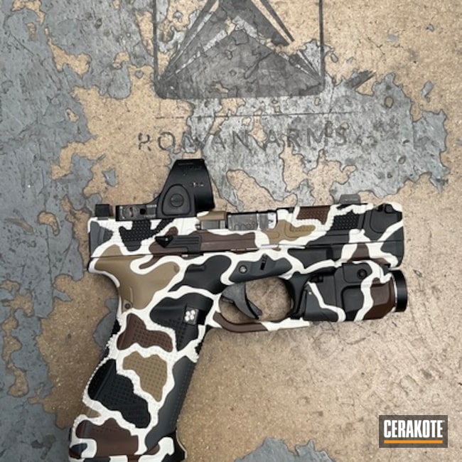 Glock 19 In Duck Camo Coated With Cerakote In H-190, H-304, H-136, H-259 And H-265