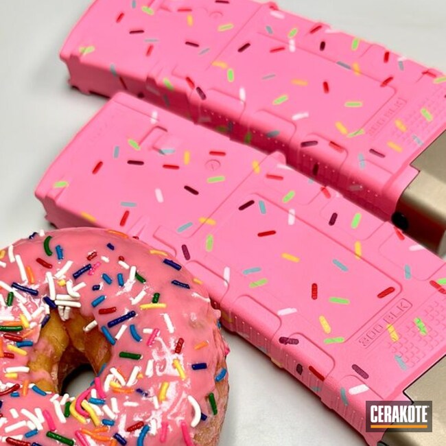 Sprinkle Donut Magpul Magazines Coated With Cerakote In Hunter Orange, Stormtrooper White, Pink Sherbet, Black Cherry, Corvette Yellow, Parakeet Green, Robin's Egg Blue And Ruby Red