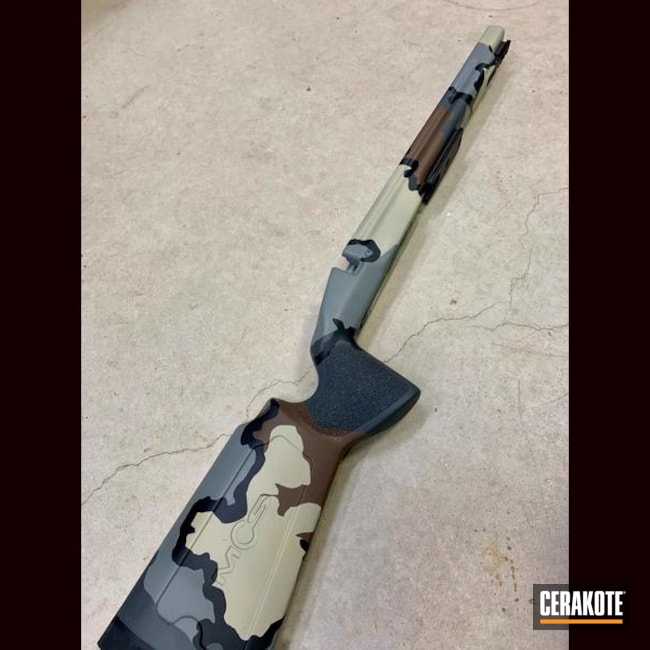 Mcs Camo Rifle Stock Coated With Cerakote In Multicam® Dark Brown, Sig™ Dark Grey, Graphite Black And Bull Shark Grey