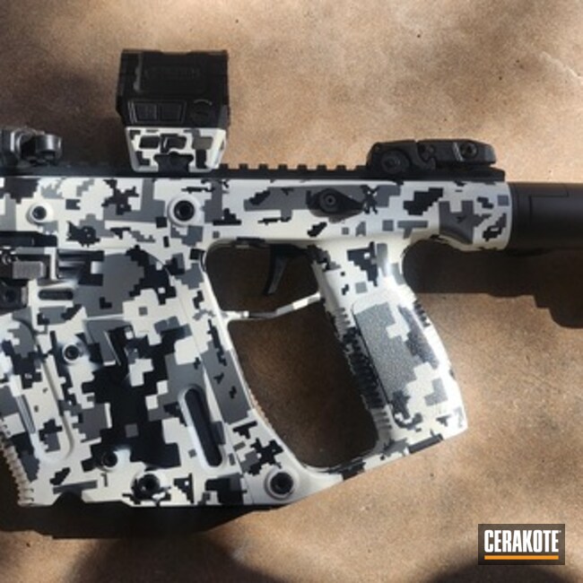 Kriss Vector In Digicam Coated With Cerakote In Snow White, Blackout And Gun Metal Grey