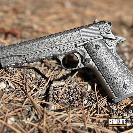 Powder Coating: Tisas 1911,Scroll Pattern,Tungsten H-237,Floral Script Pattern,Laser Engraved,Antiqued,Two Tone,Filigree,1911,Stainless H-152,Custom 1911,Custom Lasering,Fancy,Two Color