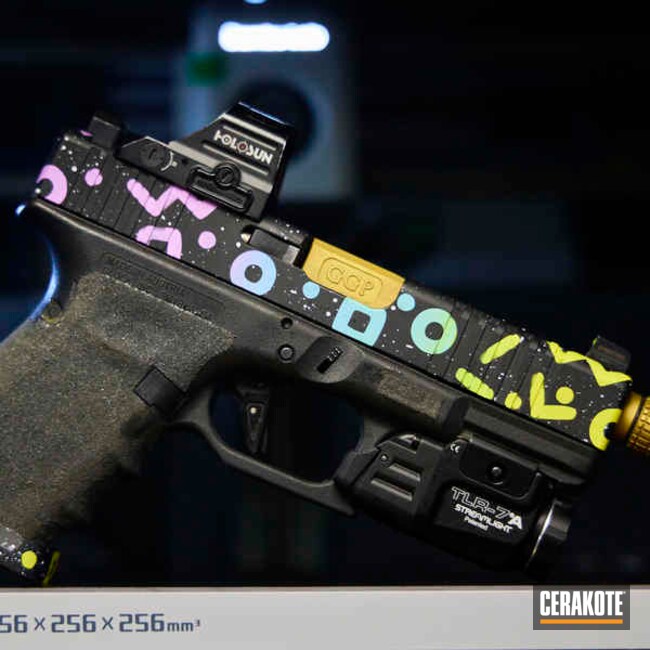 Custom Order Glock Coated With Squid Game Inspired Retro Design With Gradient Coated With Cerakote In Bazooka Pink, Corvette Yellow And Robin's Egg Blue