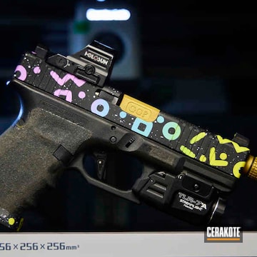 Custom Order Glock Coated With Squid Game Inspired Retro Design With Gradient Coated With Cerakote In Bazooka Pink, Corvette Yellow And Robin's Egg Blue