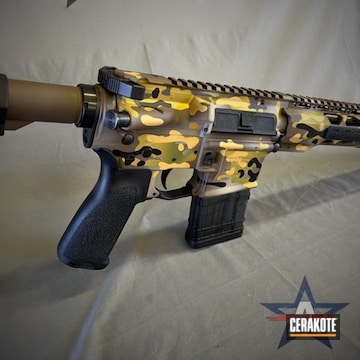 Gold Multicam  Ar15 Coated With Cerakote In Desert Sand, Chocolate Brown, Multicam® Bright Green, Graphite Black And Gold