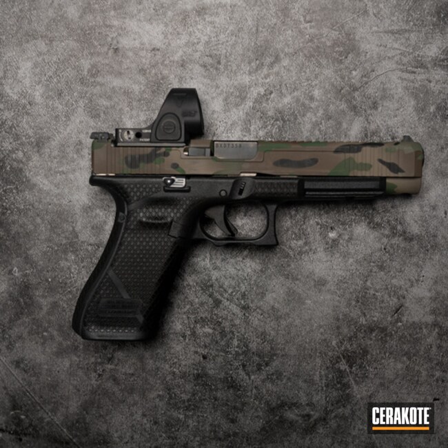 Glock 34 With Sro And Camo Coated With Cerakote In Armor Black, Highland Green And Chocolate Brown