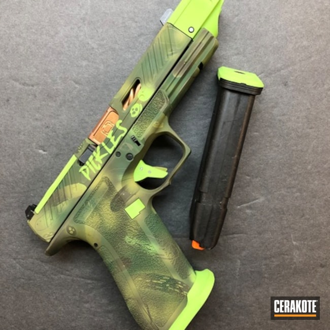 Custom Pickles Glock Coated With Cerakote In Sticker Decal  H-168  Zombie Green, Highland Green, Sniper Green, Magpul® O.d. Green And Multicam® Light Green
