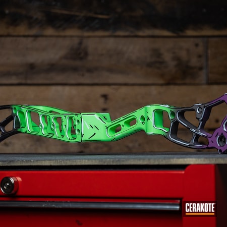 Powder Coating: Accents,Video Game,Wild Purple H-197,Bow Riser,Video Game Theme,Gun Metal Grey H-219,Freehand,Custom Freehand,Borderlands,PARAKEET GREEN H-331,Comic Book Theme,Three Color Fade,Video Games