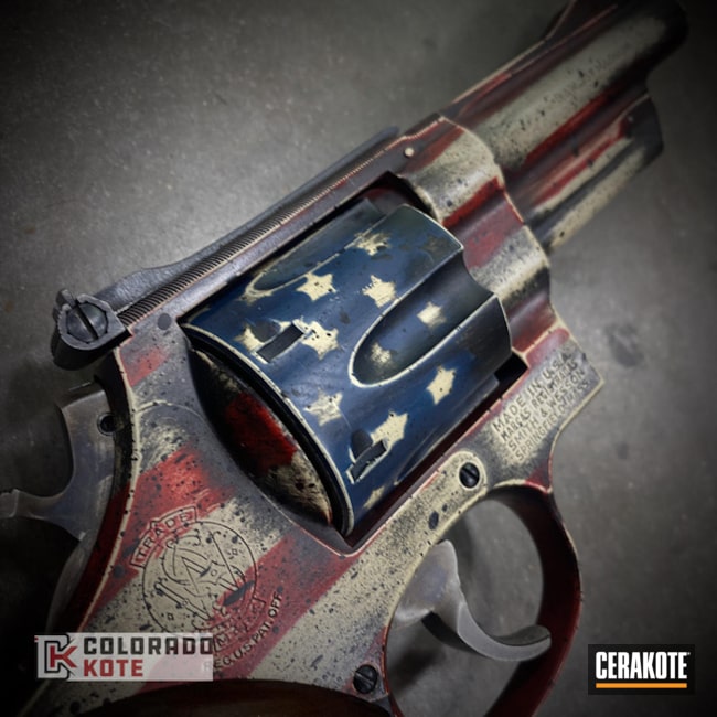 Smith & Wesson 27 In Distressed American Flag Theme Using H-142 Light Sand, H-127 Kel-tec Navy Blue, H-221 Crimson And H-146 Graphite Black