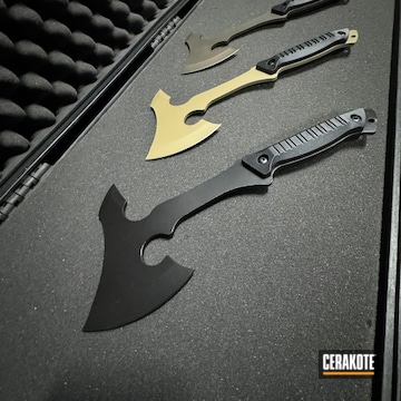 Throwing Axes Coated With Cerakote In Midnight Bronze, Crocodile And Sniper Grey