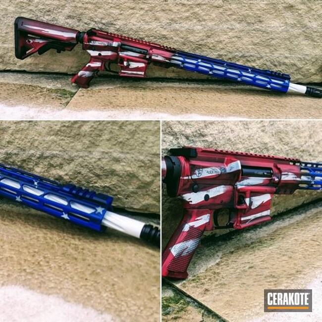 Distressed Flag Ar15 Coated With Cerakote In Periwinkle, Stormtrooper White And Usmc Red