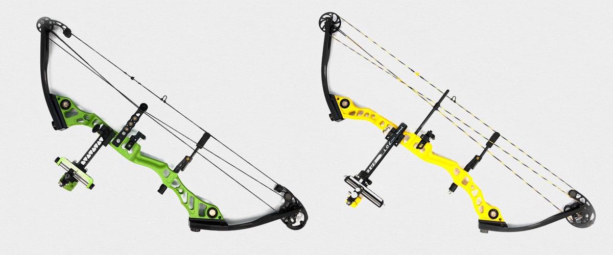 Cerakoted compound bows in green and yellow
