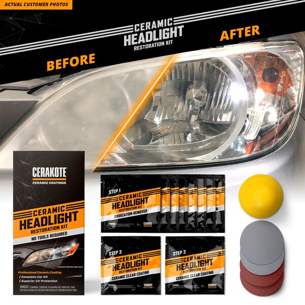 Before/After comparison of the Cerakote Headlight Restoration Kit