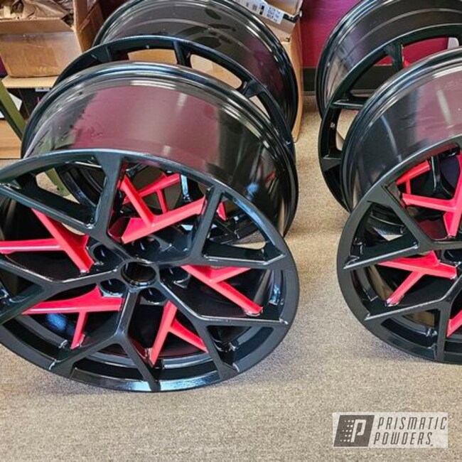 Aluminum Wheels Powder Coated In Ral 3002 And Ink Black