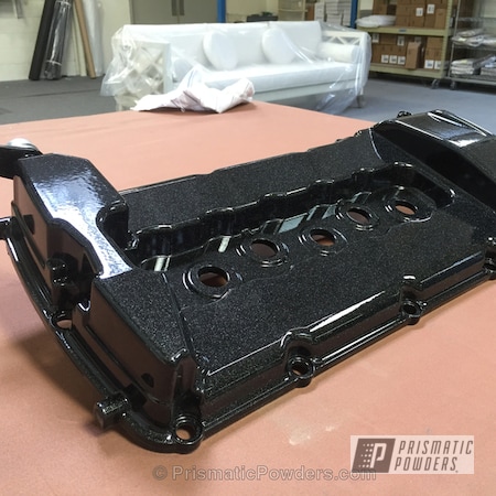 Powder Coating: Valve Cover,VW Black PMB-2650,Clear Vision PPS-2974,Two Coat Application,Automotive
