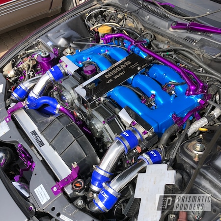 Powder Coating: Nissan,Engine Parts,Ford Racing Engine Blue,Clear Vision PPS-2974,Illusion Lite Blue PMS-4621,Automotive,Illusion Violet PSS-4514
