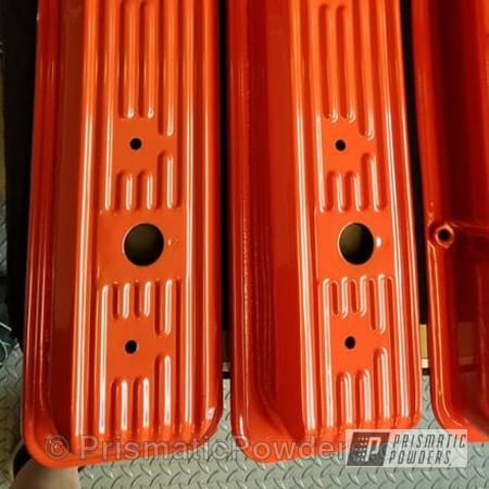 Powder Coating: Valve Cover,Chevy Oil Pan,Custom Automotive Parts,Single Powder Application,Chevy Valve Covers,Automotive,Chevy Orange PSS-0163,Before and After