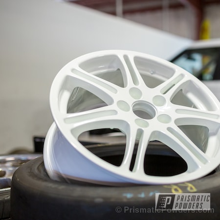 Powder Coating: Powder Coated Automotive Wheels,White Out PSS-4103,Clear Vision PPS-2974,Two Coat Application,Automotive,Solid Tone,Wheels