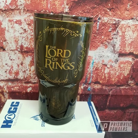 Powder Coating: Ink Black PSS-0106,Multi-Color Application,Texas Bronze PSB-5339,Tumbler,Custom Themed Cup,Leather,Goldtastic PMB-6625,Drinkware,Lord of the Rings,Clear Vision PPS-2974,Custom Blend,Custom Cup