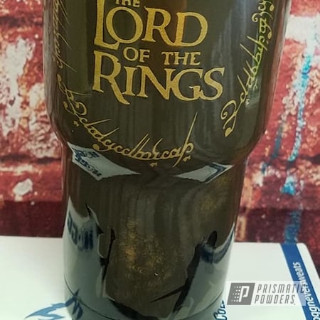 Powder Coating: Ink Black PSS-0106,Multi-Color Application,Texas Bronze PSB-5339,Tumbler,Custom Themed Cup,Leather,Goldtastic PMB-6625,Drinkware,Lord of the Rings,Clear Vision PPS-2974,Custom Blend,Custom Cup