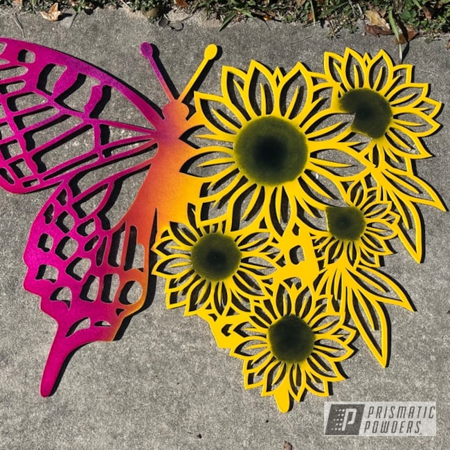 Butterfly Art Powder Coated In Racing Raspberry, Silk Satin Black And School Bus Yellow