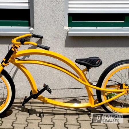 Powder Coating: Hot Yellow PSS-1623,Harley Themed Bike made by Steffen`s Customz,Bicycles,Clear Vision PPS-2974,Two Coat Application,Powder Coated Bicycle Frame